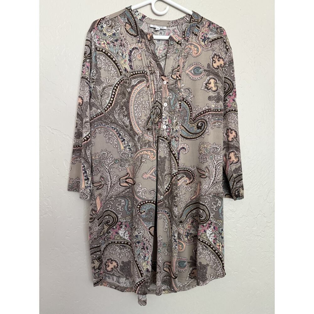 Serengeti Tunic Women XL Blue Purple Watercolor 3/4 Sleeve Pleated Top